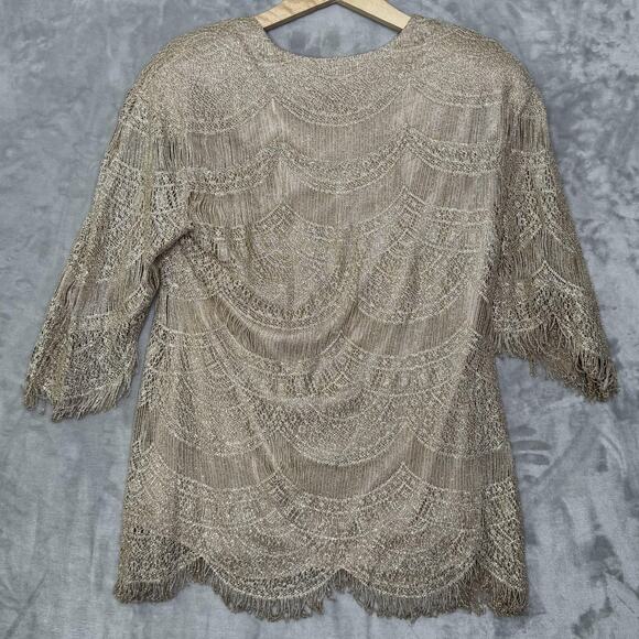 Neiman Marcus Top Womens Small Gold Metallic Fringe Crochet Knit Scallop Hem Vtg - Picture 3 of 11